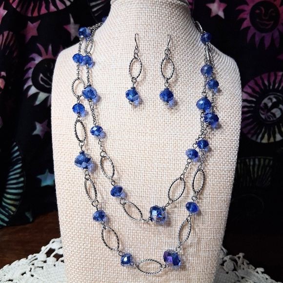 Source Unknown Jewelry - Cobalt Blue Beaded Necklace And Earrings Set Silver Loops Long Doubled Up